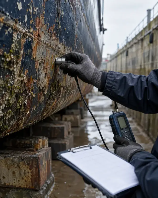 Technicien mesurant l’épaisseur d’une coque en cale sèche