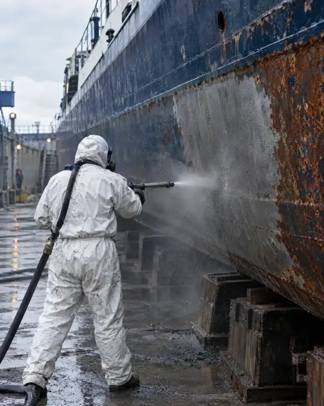 Décapage haute pression d’une coque de péniche