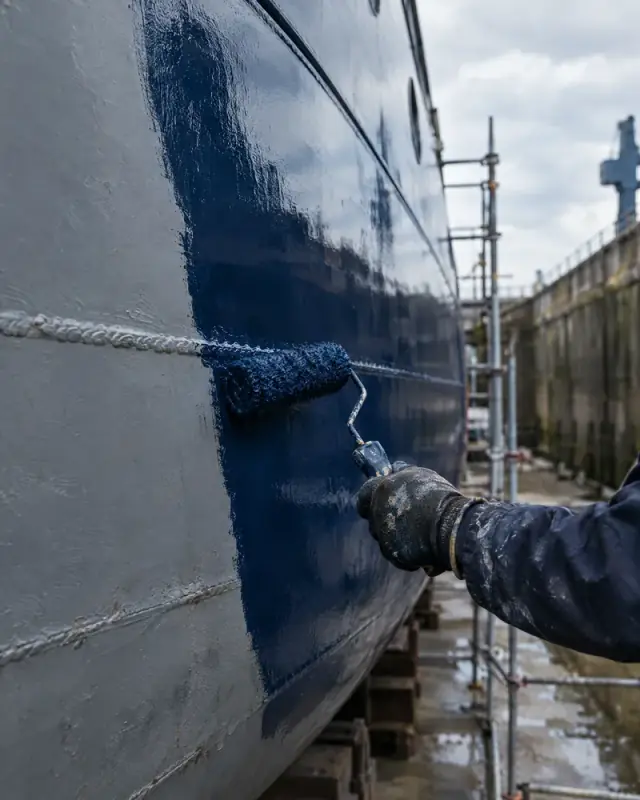 Application au rouleau d’une peinture époxy bleu marine